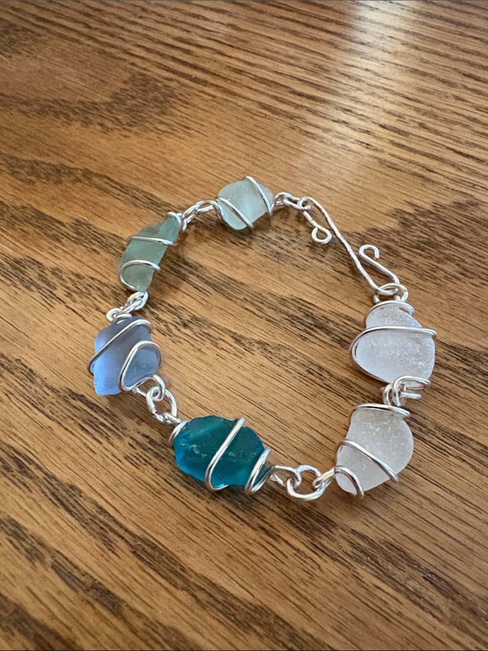 Hand Crafted Sea Glass Wire-Wrapped Silver Plated Bracelet in Teal, Blue & White